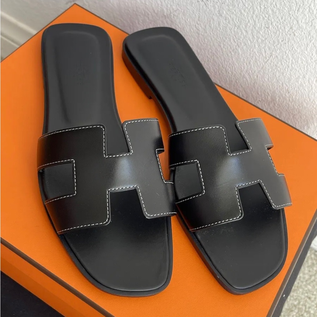 Brand New Hermes Black Calfskin Oran Sandals
